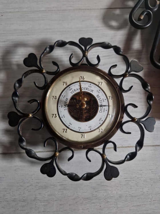 Image 1 of Black Brutalist Wrought Iron Hall Set, 5 Piece: Coat Rack, Mirror, Console With Marble Top, Barometer