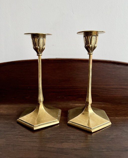 Pair Of Art Nouveau Brass Candlesticks By M&P 