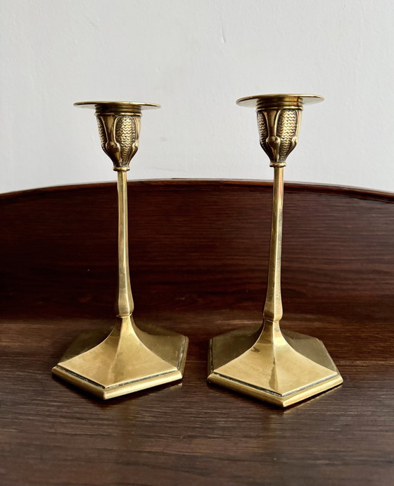 Image 1 of Pair Of Art Nouveau Brass Candlesticks By M&P 