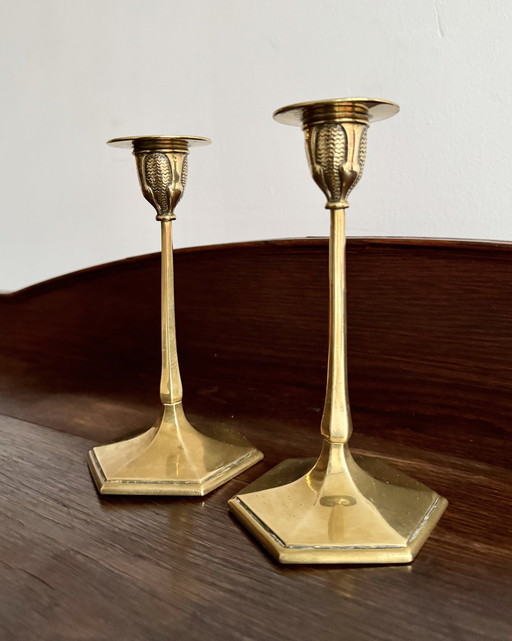 Pair Of Art Nouveau Brass Candlesticks By M&P 