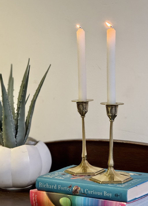 Pair Of Art Nouveau Brass Candlesticks By M&P 