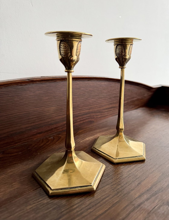 Image 1 of Pair Of Art Nouveau Brass Candlesticks By M&P 