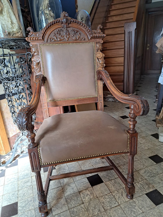 Image 1 of 1X Antique 19th Century French Renaissance Jocobine Castle Chair