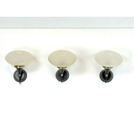 Image 1 of Set of 3 Italian mid-century Stilnovo wall lamps in brass and etched glass