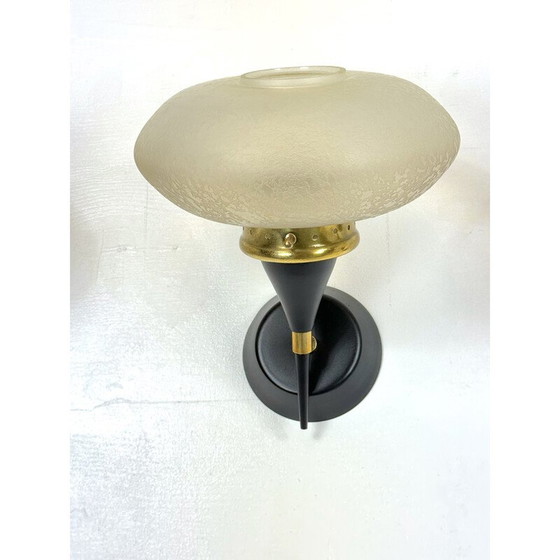 Image 1 of Set of 3 Italian mid-century Stilnovo wall lamps in brass and etched glass