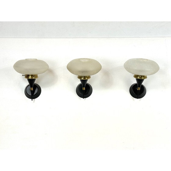 Image 1 of Set of 3 Italian mid-century Stilnovo wall lamps in brass and etched glass