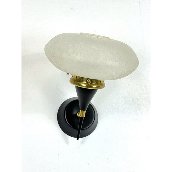 Image 1 of Set of 3 Italian mid-century Stilnovo wall lamps in brass and etched glass