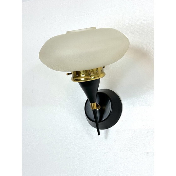 Image 1 of Set of 3 Italian mid-century Stilnovo wall lamps in brass and etched glass