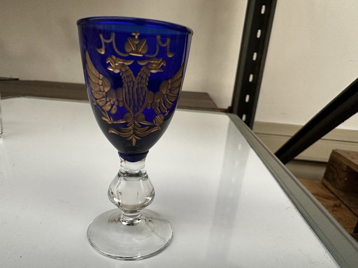 Cobalt Blue Liqueur Glass with Double-Headed Eagle Initial M M Coat of Arms