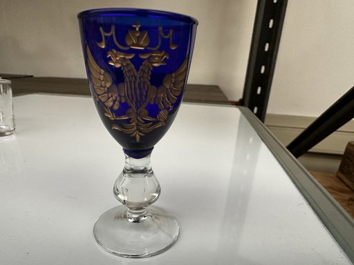 Cobalt Blue Liqueur Glass with Double-Headed Eagle Initial M M Coat of Arms