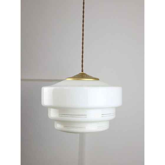 Image 1 of Mid-century Cascade brass and opaline pendant lamp