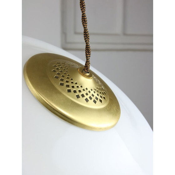 Image 1 of Mid-century Cascade brass and opaline pendant lamp