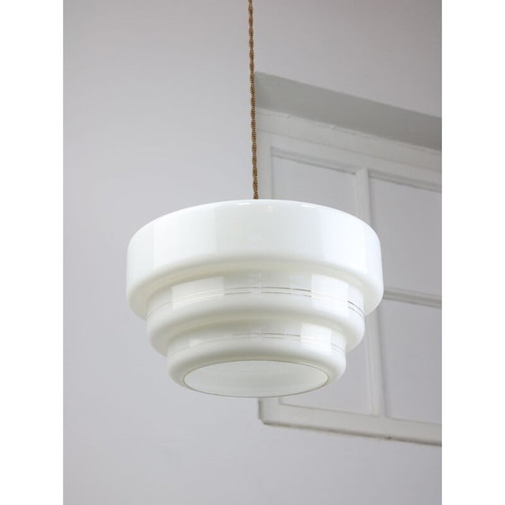 Image 1 of Mid-century Cascade brass and opaline pendant lamp