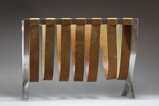 Vintage leather and metal magazine rack by 'Batane - Made in Belgium' circa 1970