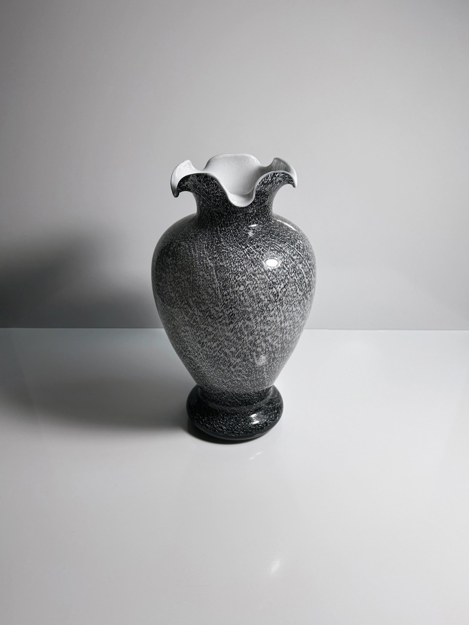 Vintage Murano glass vase speckles gray frosted glass white