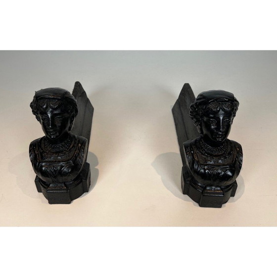 Image 1 of Pair of vintage cast-iron andirons depicting a woman and marked "Italian", France 1950