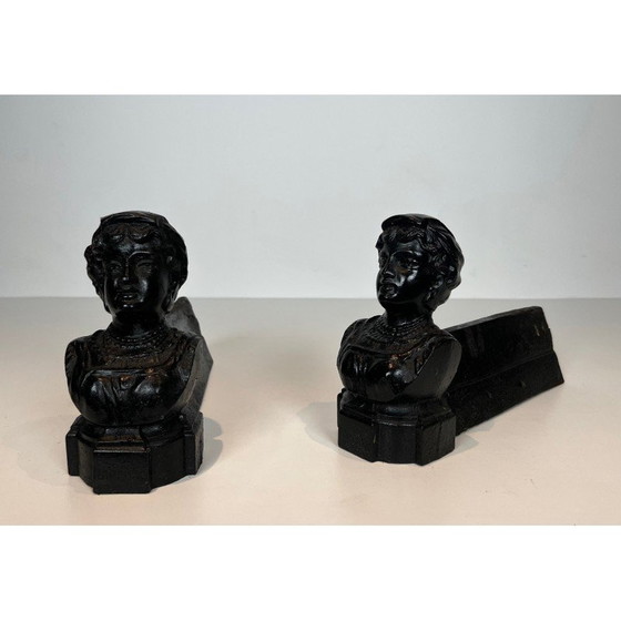 Image 1 of Pair of vintage cast-iron andirons depicting a woman and marked "Italian", France 1950