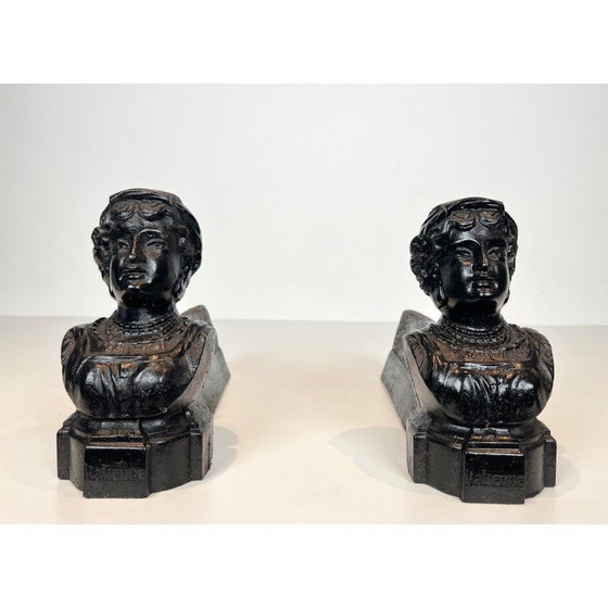Image 1 of Pair of vintage cast-iron andirons depicting a woman and marked "Italian", France 1950