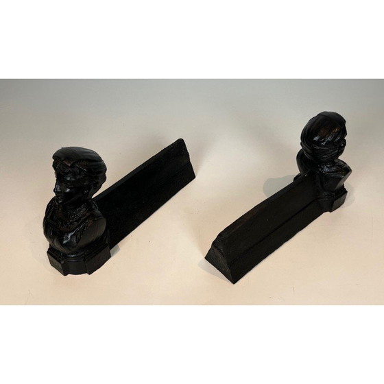 Image 1 of Pair of vintage cast-iron andirons depicting a woman and marked "Italian", France 1950