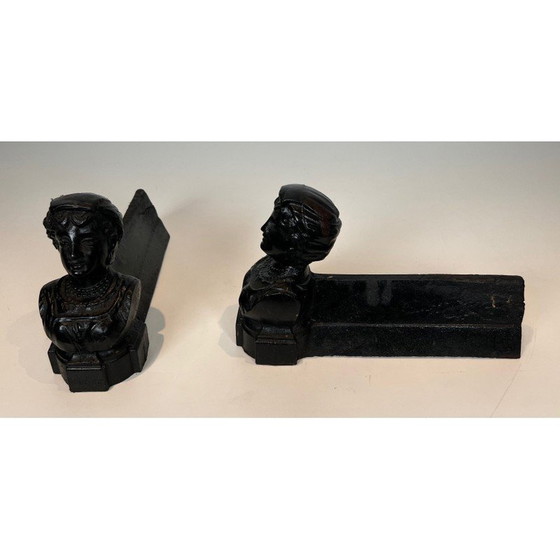 Image 1 of Pair of vintage cast-iron andirons depicting a woman and marked "Italian", France 1950