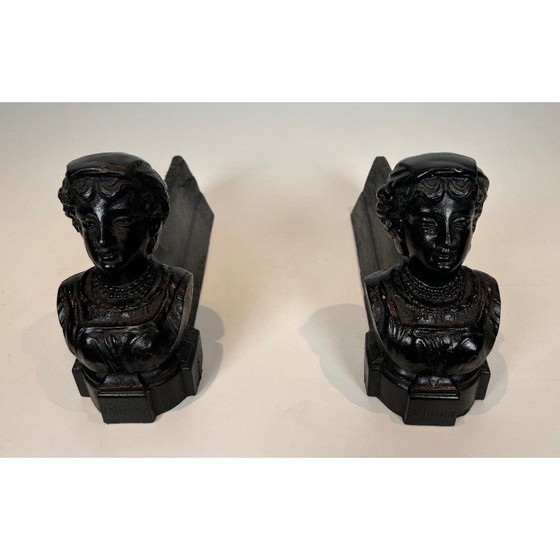 Image 1 of Pair of vintage cast-iron andirons depicting a woman and marked "Italian", France 1950