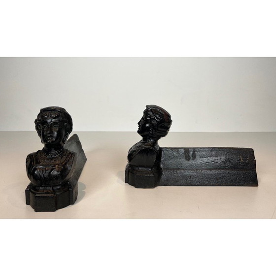 Image 1 of Pair of vintage cast-iron andirons depicting a woman and marked "Italian", France 1950