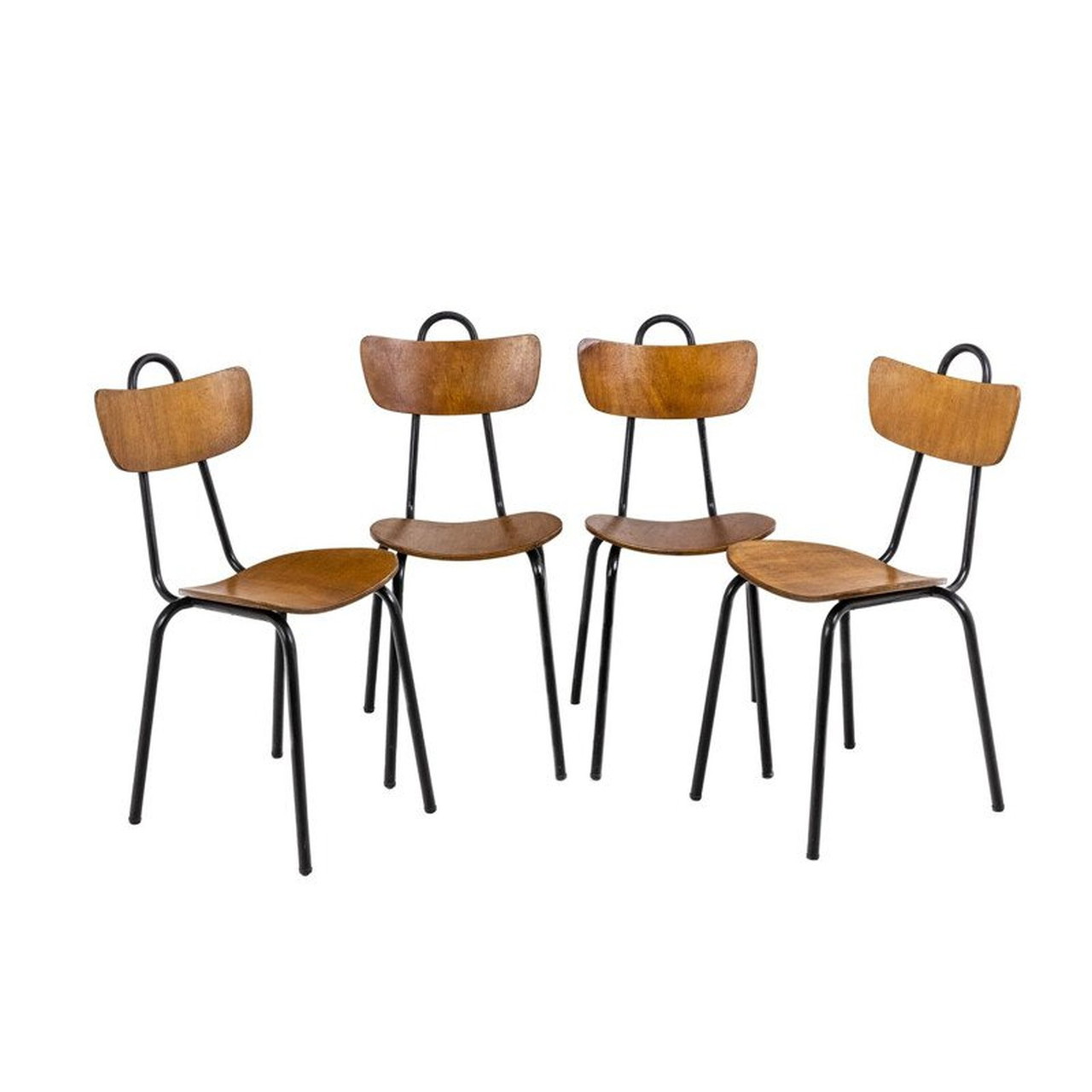Set of 4 vintage wood and metal chairs 1950