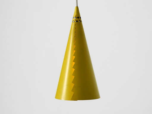 Rare Mid Century Modern cone shaped pendant lamp made of sheet steel in yellow