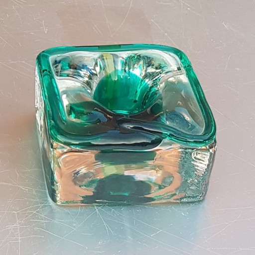 2X Emerald Green And Clear Glass Block Vase And Candle Holder