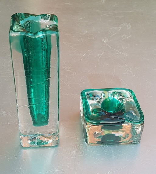 2X Emerald Green And Clear Glass Block Vase And Candle Holder