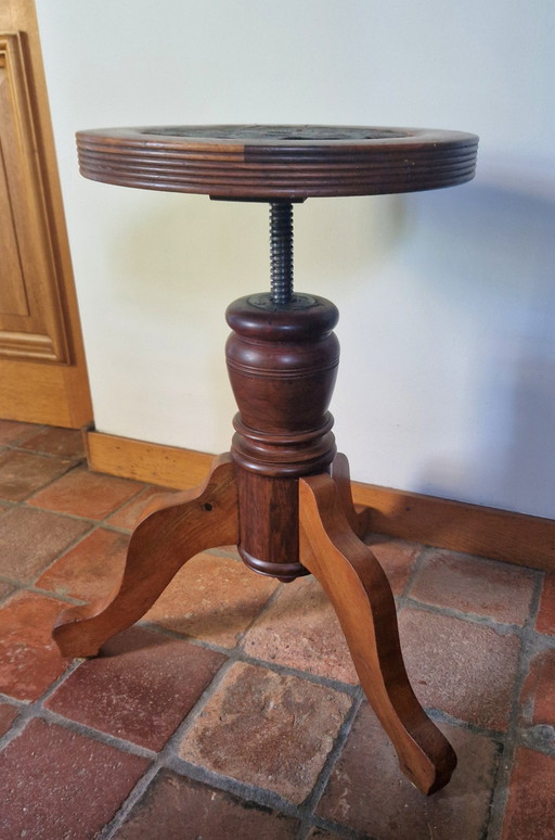 Old Height Adjustable Piano Stool With Leather Inlay