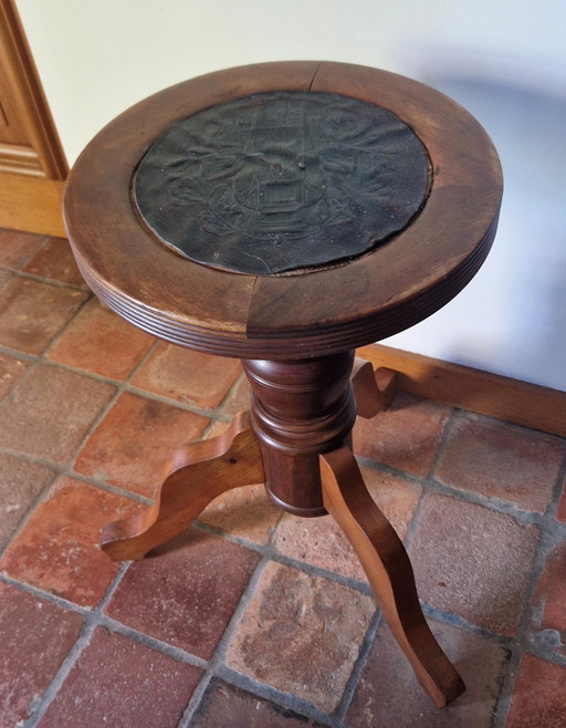 Old Height Adjustable Piano Stool With Leather Inlay