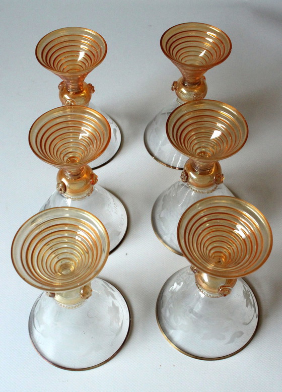 Image 1 of 6 pieces Söhnlein Rheingold Antique Wine Glasses - Champagne Bowls - Roemer From The 1920s