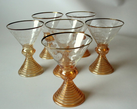 Image 1 of 6 pieces Söhnlein Rheingold Antique Wine Glasses - Champagne Bowls - Roemer From The 1920s