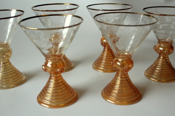 Image 1 of 6 pieces Söhnlein Rheingold Antique Wine Glasses - Champagne Bowls - Roemer From The 1920s