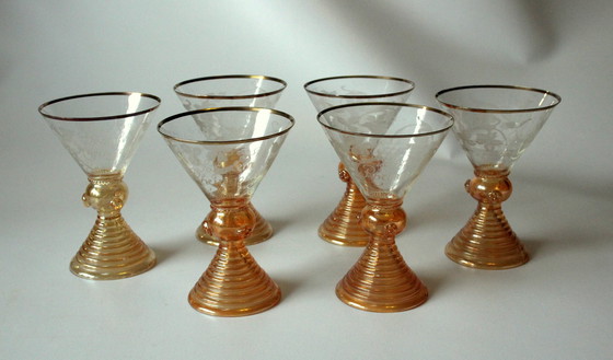 Image 1 of 6 pieces Söhnlein Rheingold Antique Wine Glasses - Champagne Bowls - Roemer From The 1920s