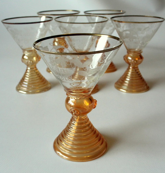 Image 1 of 6 pieces Söhnlein Rheingold Antique Wine Glasses - Champagne Bowls - Roemer From The 1920s