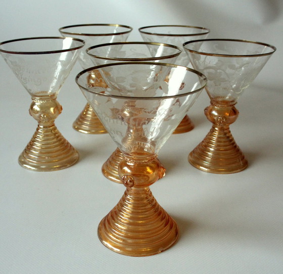 Image 1 of 6 pieces Söhnlein Rheingold Antique Wine Glasses - Champagne Bowls - Roemer From The 1920s