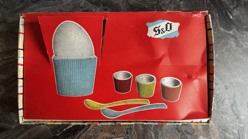 Vintage Egg Cups. New In Box. Never Used. Never Been Out of the Box. Missing 1 Spoon.