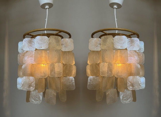 Image 1 of Set Of 2 Capiz Shell Pendant Lamps Shell Pearl Bamboo Frame White Wiring Upholstered