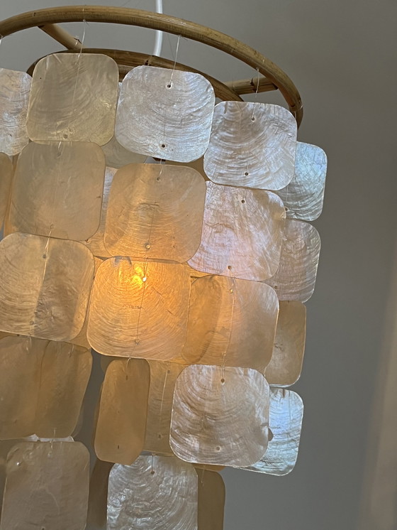 Image 1 of Set Of 2 Capiz Shell Pendant Lamps Shell Pearl Bamboo Frame White Wiring Upholstered