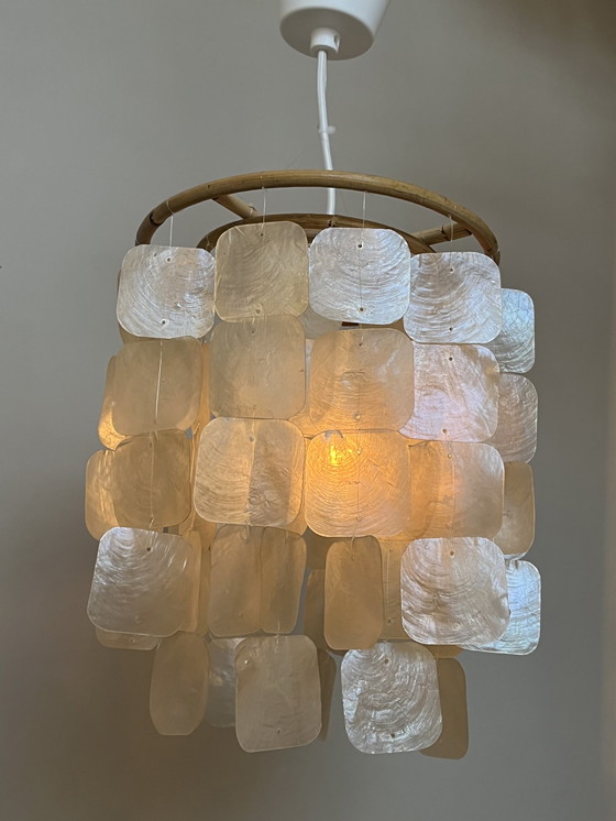 Image 1 of Set Of 2 Capiz Shell Pendant Lamps Shell Pearl Bamboo Frame White Wiring Upholstered