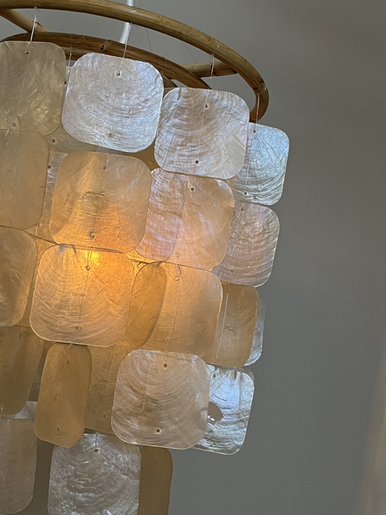 Image 1 of Set Of 2 Capiz Shell Pendant Lamps Shell Pearl Bamboo Frame White Wiring Upholstered