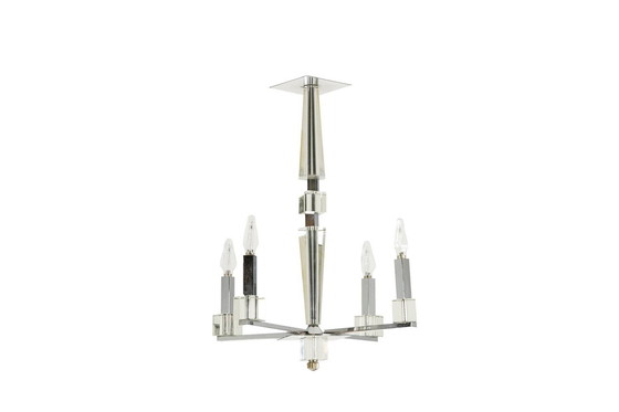 Image 1 of Jacques Adnet. Chromed Metal Modernist Chandelier. Circa 1940.