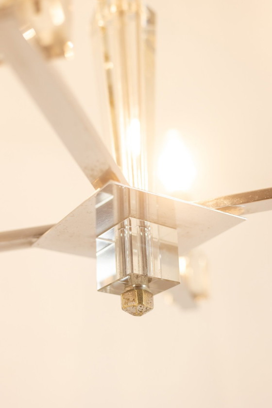 Image 1 of Jacques Adnet. Chromed Metal Modernist Chandelier. Circa 1940.