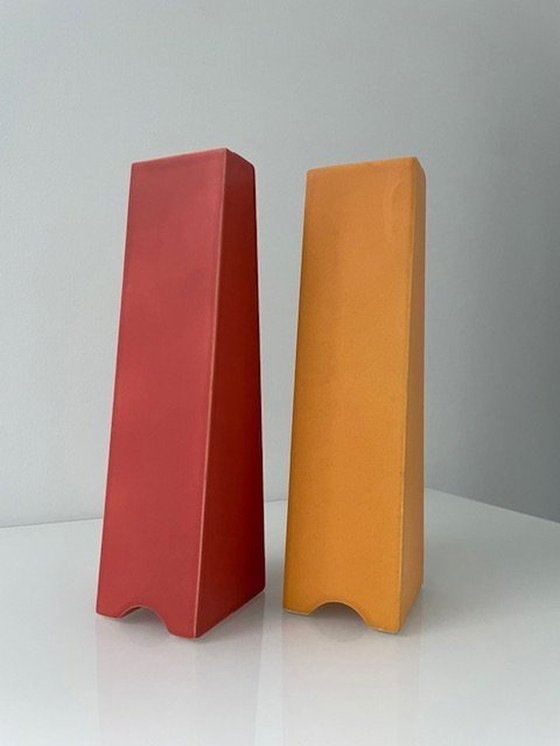 Image 1 of 2X Post-Modern Vases Orange And Red Pyramid Shape