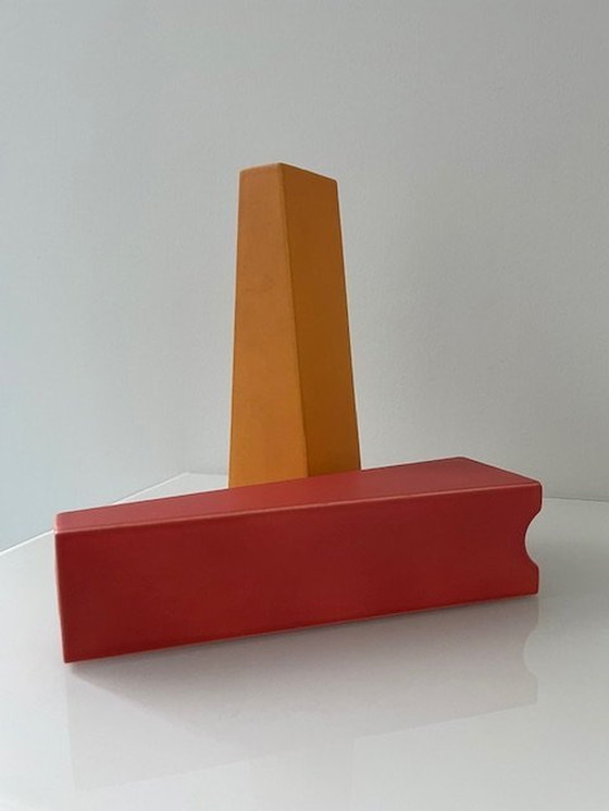 Image 1 of 2X Post-Modern Vases Orange And Red Pyramid Shape