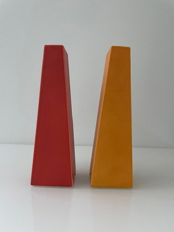 Image 1 of 2X Post-Modern Vases Orange And Red Pyramid Shape