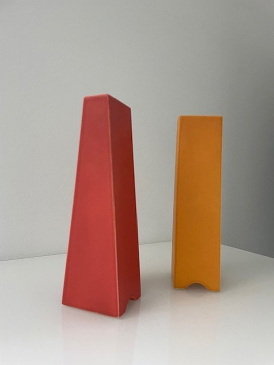 Image 1 of 2X Post-Modern Vases Orange And Red Pyramid Shape