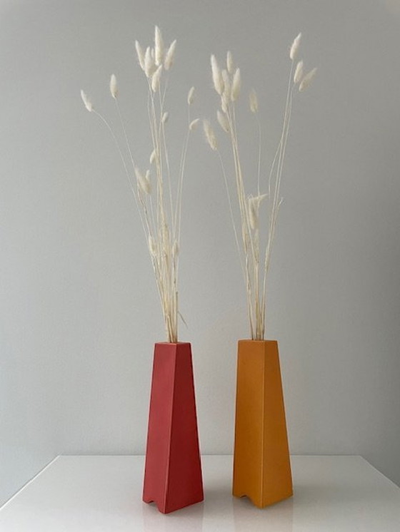 Image 1 of 2X Post-Modern Vases Orange And Red Pyramid Shape